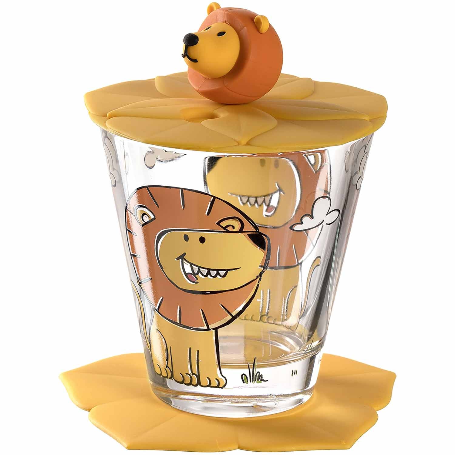 Kindertrinkset BAMBINI 3-teilig Löwe mit Glasbecher, Deckel und Untersetzer mit Löwenmotiv