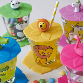 Kindertrinkset BAMBINI 3-teilig Löwe mit gelben Silikondeckeln und farbigen Gläsern, bunte Perlen