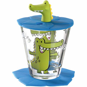 Kindertrinkset BAMBINI 3-teilig Krokodil mit Glasbecher, blauem Deckel und grüner Krokodil-Figur