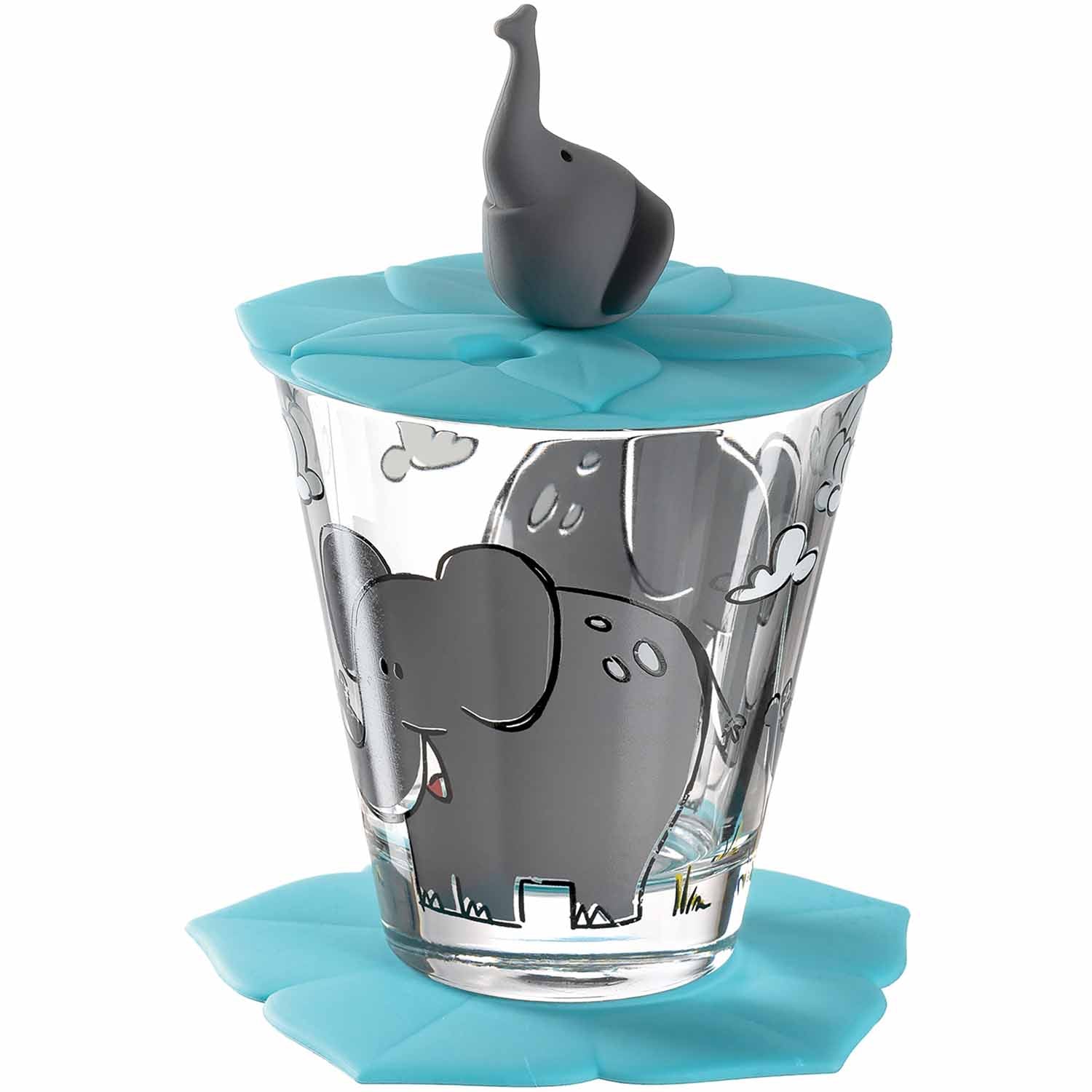 Kindertrinkset BAMBINI 3-teilig mit Elefantenmotiv, Glas mit türkisem Deckel und Untersetzer
