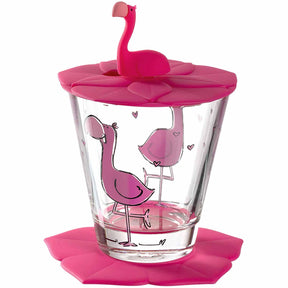 Kindertrinkset BAMBINI 3-teilig Flamingo mit Glasbecher, rosa Deckel und Flamingo-Motiven