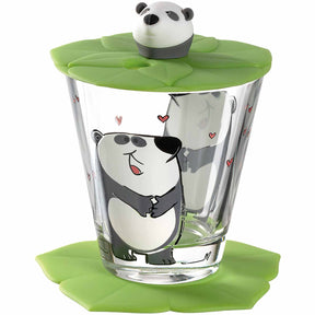 Kindertrinkset BAMBINI 3-teilig Panda mit Glasbecher, grünem Deckel und Untersetzer, Panda-Motiv
