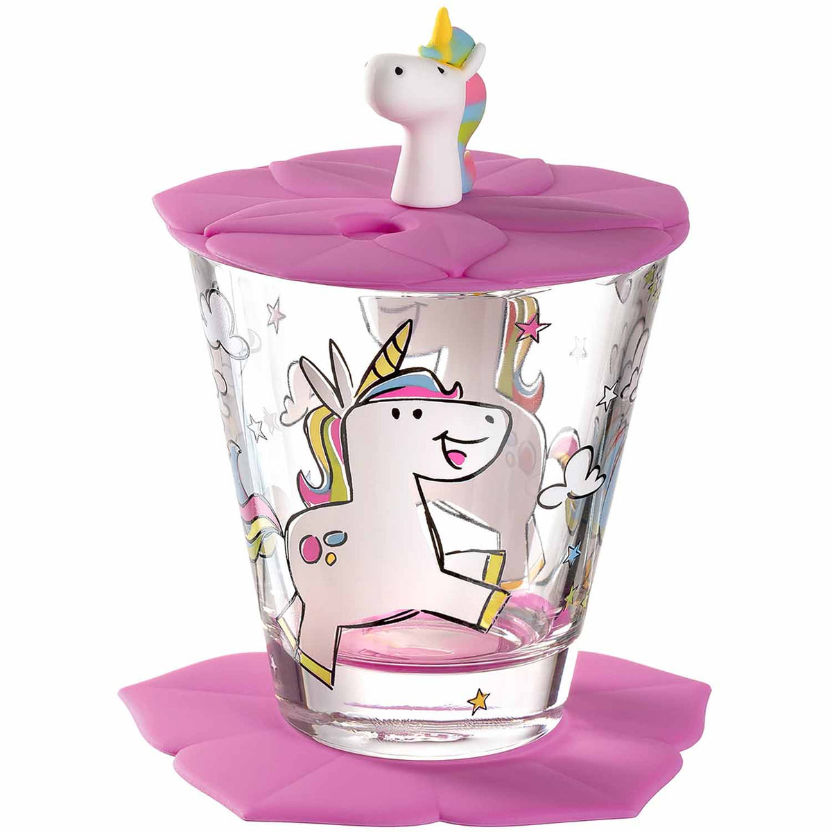Kindertrinkset BAMBINI 3-teilig Einhorn mit Glas, rosa Deckel und Einhorn-Figur