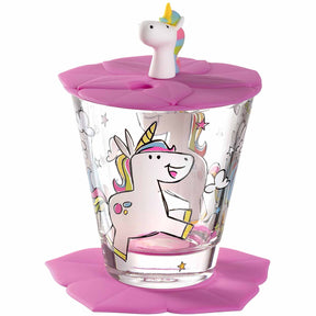 Kindertrinkset BAMBINI 3-teilig Einhorn mit Glas, rosa Deckel und Einhorn-Figur
