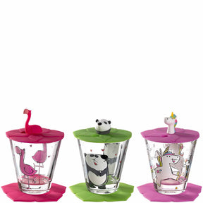 Kindertrinkset BAMBINI mit drei Gläsern, Flamingo-, Panda- und Einhornmotiven mit farbigen Deckeln