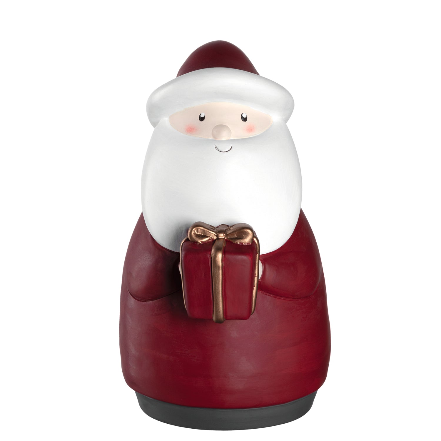 Nikolaus NATALE 27 cm in Rot und Weiß mit Geschenk, Keramikfigur vor weißem Hintergrund