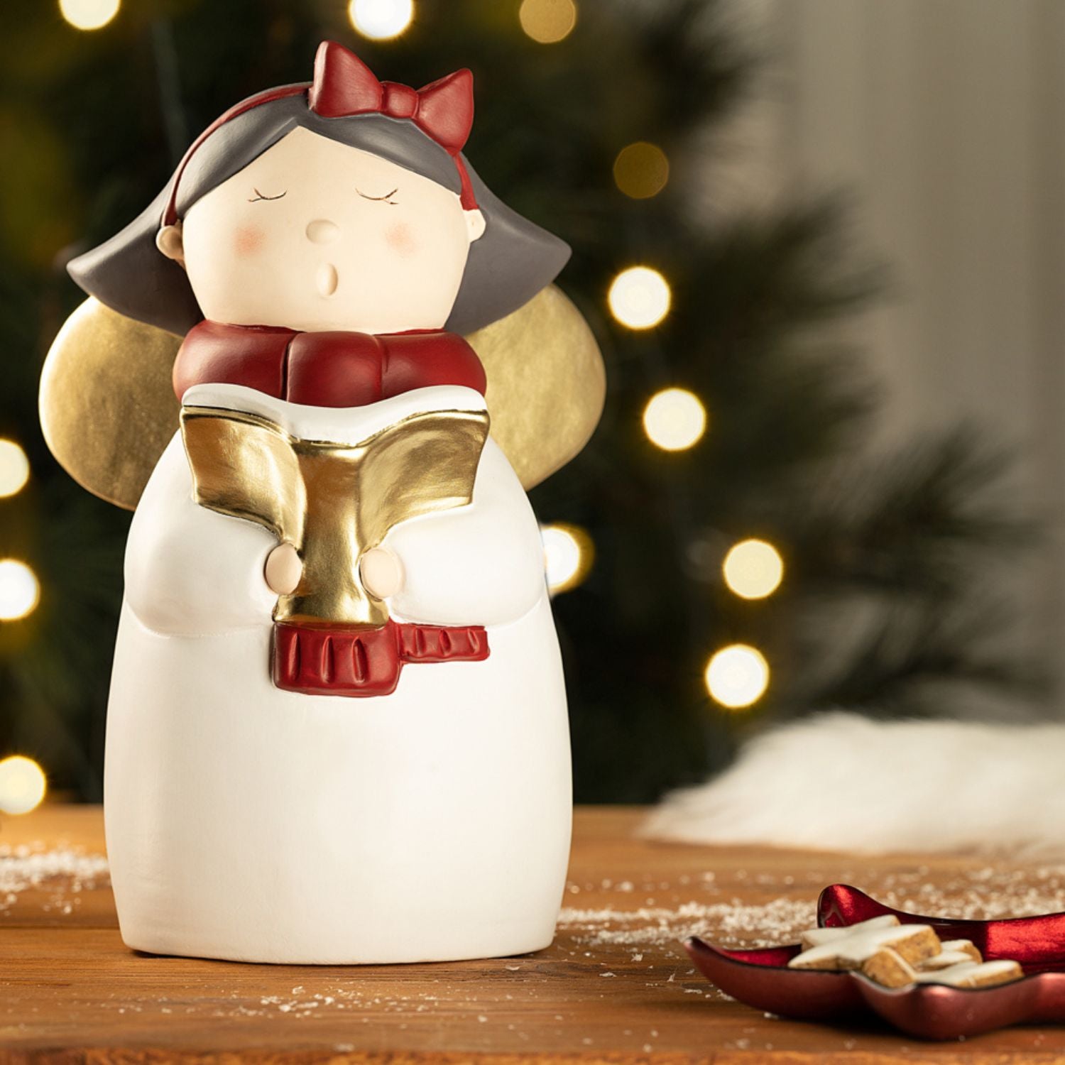 Keramik-Engel NATALE mit Flügeln, Schleife und Buch, weihnachtliche Dekoration