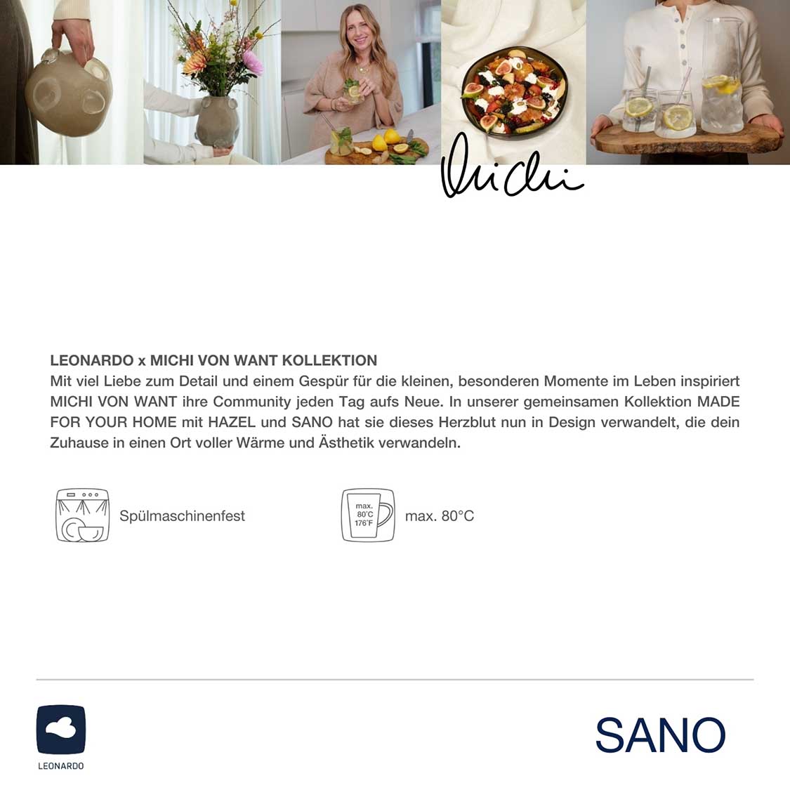 Kollage mit Lifestyle-Bildern einer Frau in Küche und Wohnbereich, Pflegekennzeichen und Produktlogo SANO