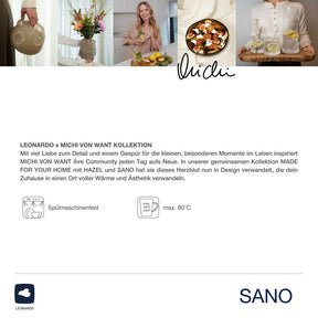 Kollage mit Lifestyle-Bildern einer Frau in Küche und Wohnbereich, Pflegekennzeichen und Produktlogo SANO