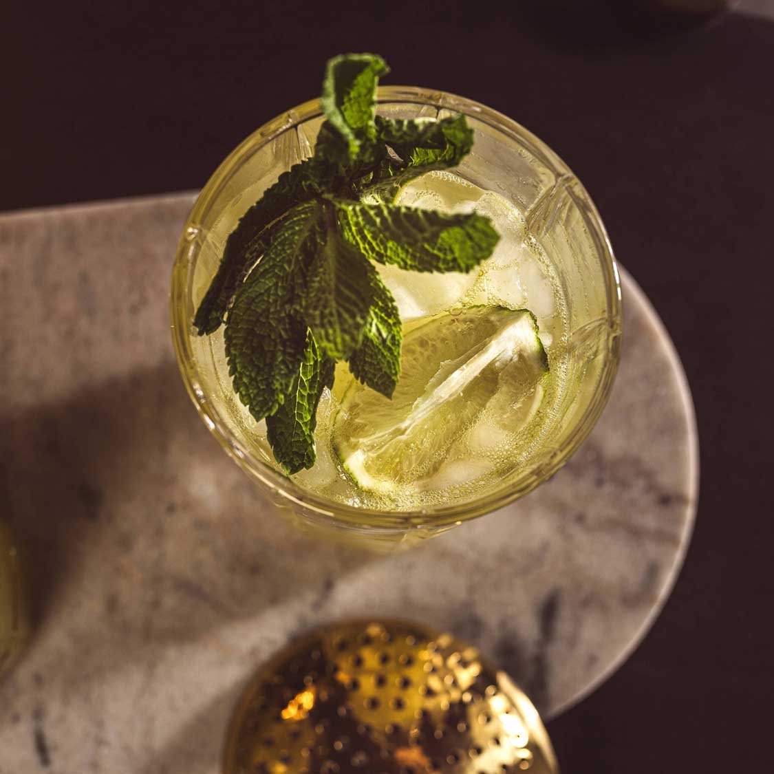 Longdrinkglas SPIRITII NOVA mit Mojito, Minze und Limette von oben