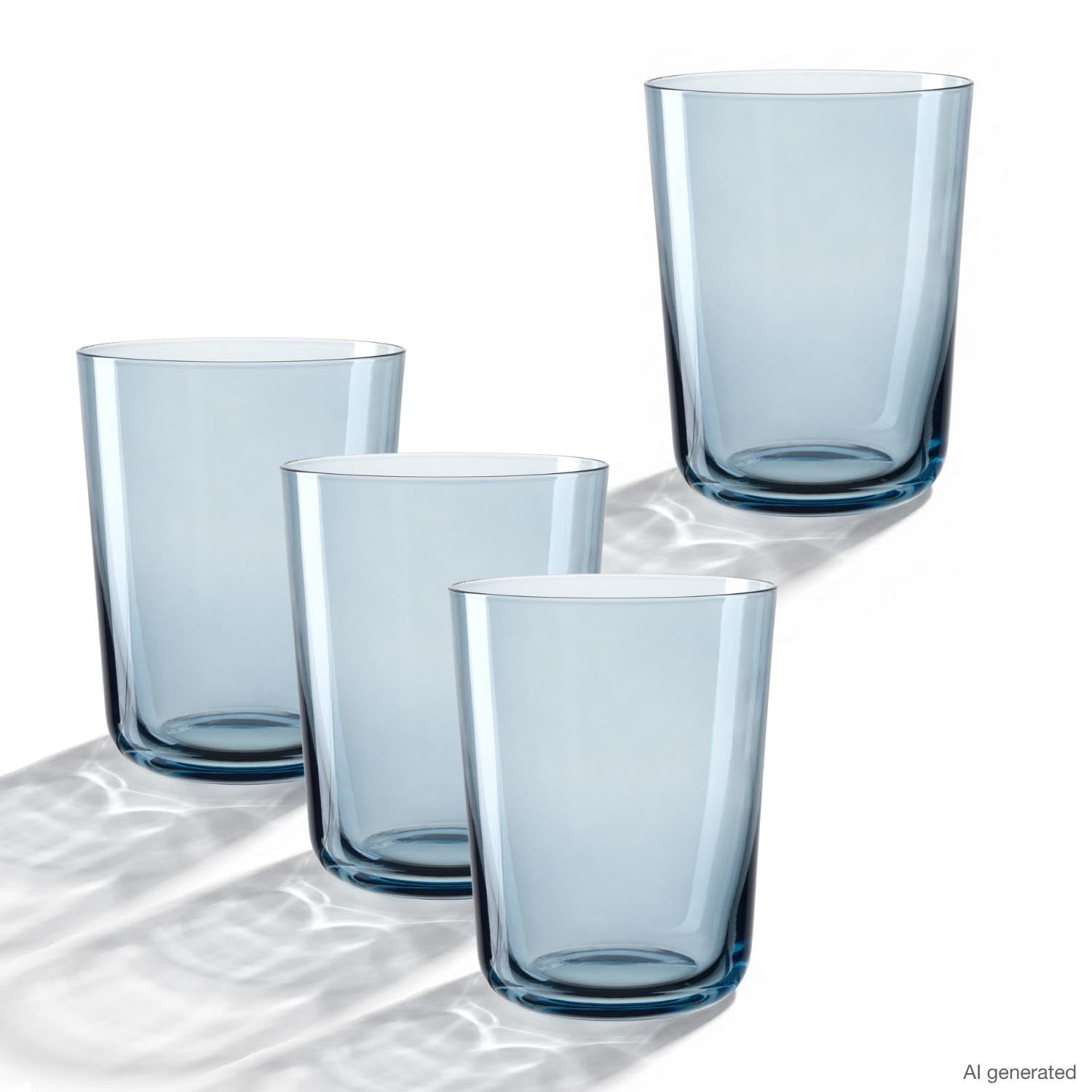 Vier blaue Trinkgläser LEGGERO 330 ml Gondola in 4er-Set, unterschiedliche Größen, auf weißer Oberfläche mit Schatten