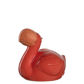 Rote Keramik-Spardose BAMBINI Flamingo mit braunem Kopf, Seitenansicht