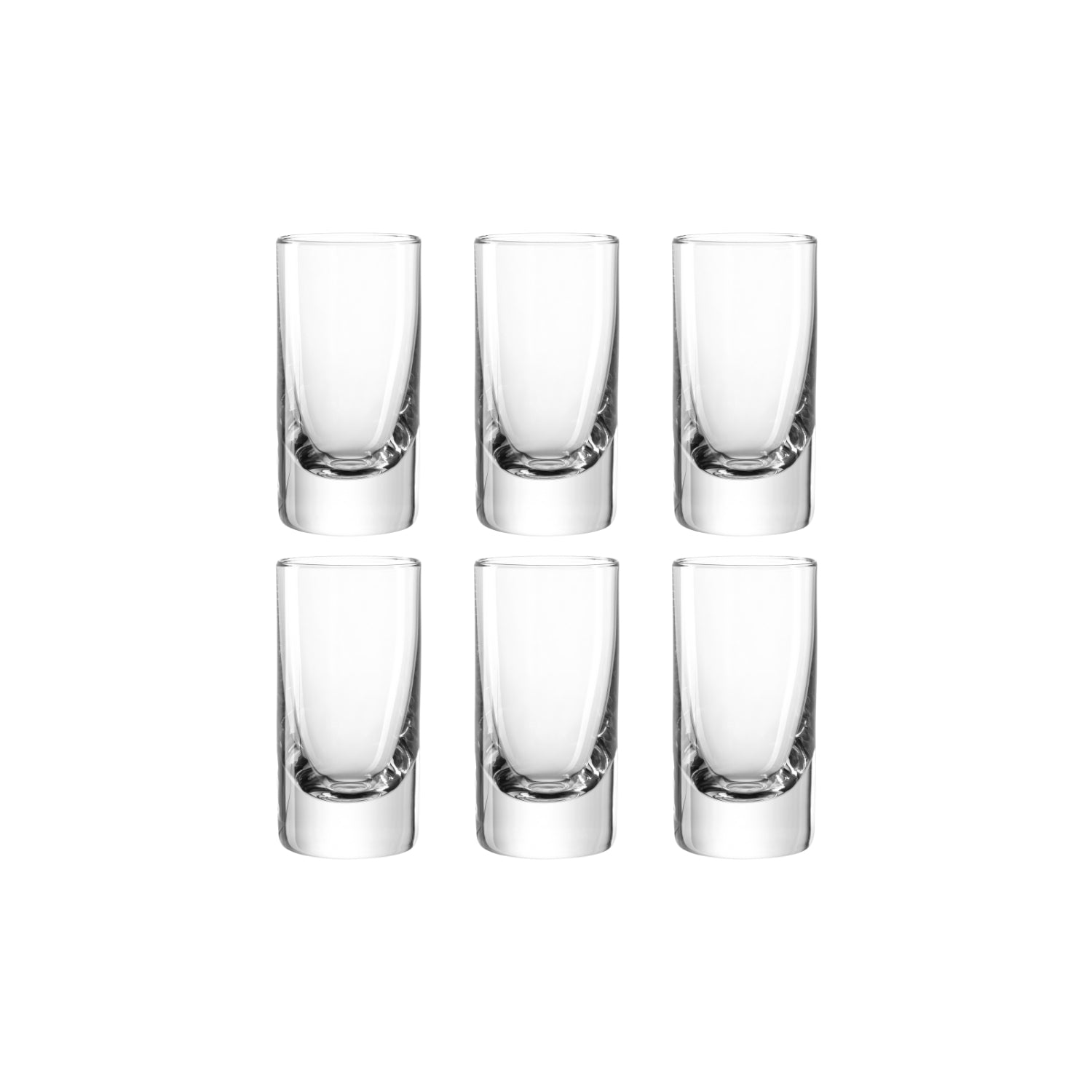 Sechs klare Gläser Stamper EASY+ 50 ml im 6er-Set arrangiert