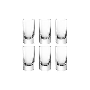 Sechs klare Gläser Stamper EASY+ 50 ml im 6er-Set arrangiert