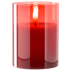 LED Kerze rot in rotem Glaszylinder mit brennender Flamme