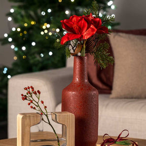 Pinienzweig in weihnachtlicher Wohnzimmer-Dekoration mit roten Blüten und Kerzen