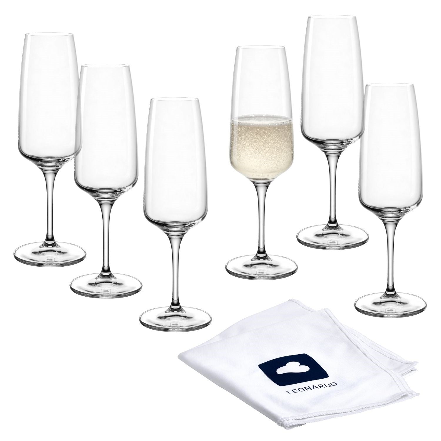 Sektglas CESTI 240 ml 6er-Set mit Poliertuch, ein Glas gefüllt mit Sekt
