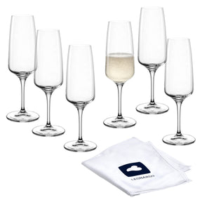 Sektglas CESTI 240 ml 6er-Set mit Poliertuch, ein Glas gefüllt mit Sekt