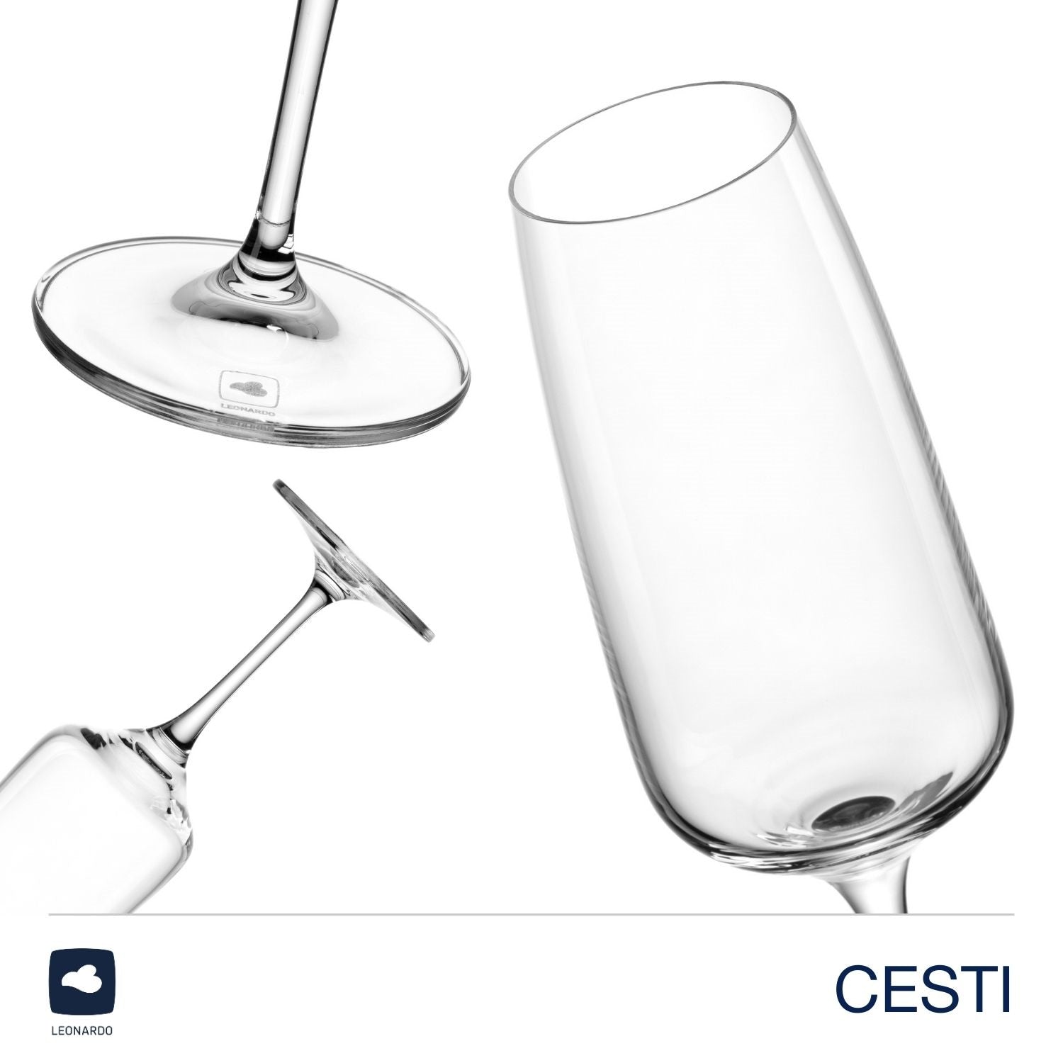 Sektglas CESTI mit Poliertuch, verschiedene Blickwinkel