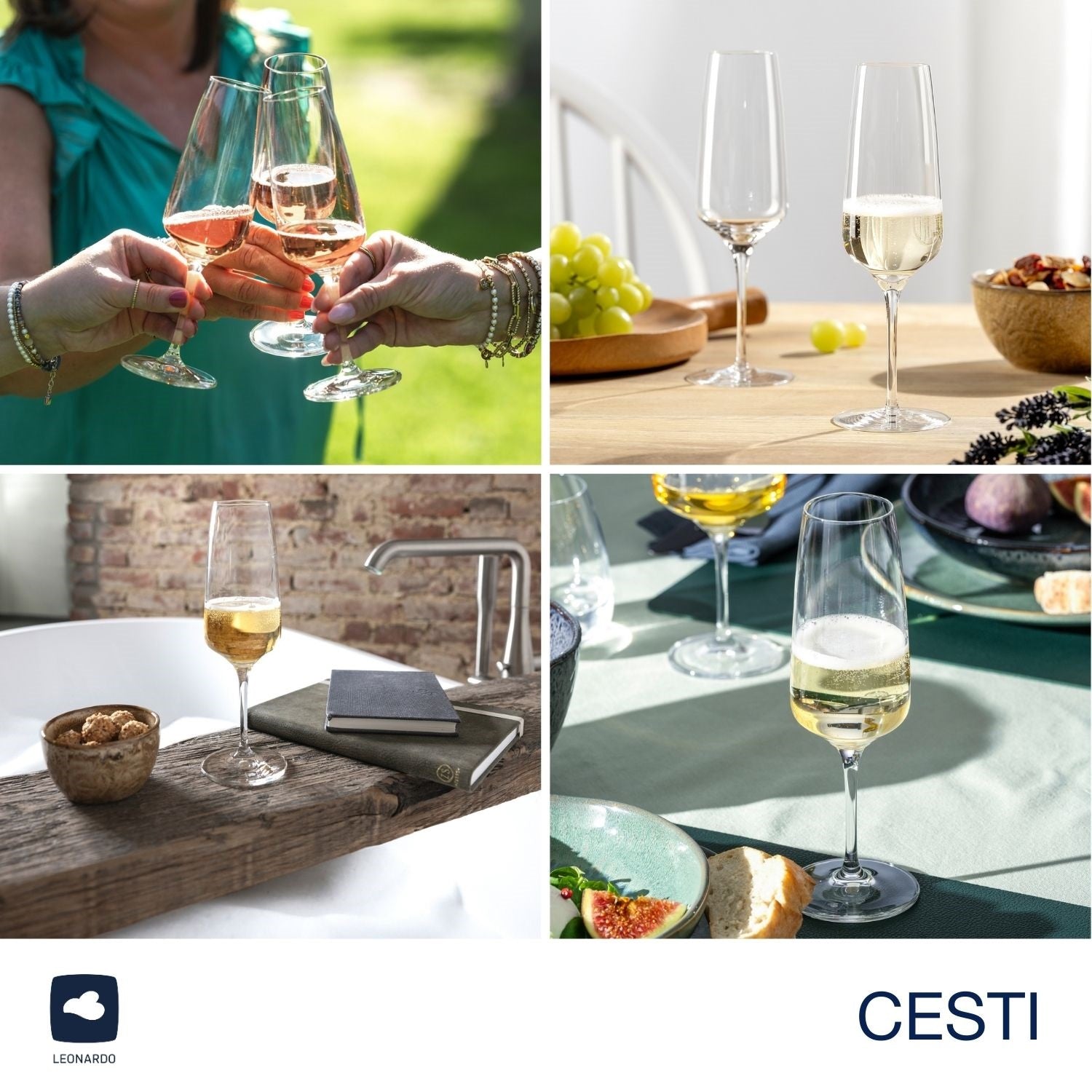 Sektglas CESTI in verschiedenen Situationen: Toasts im Freien, auf Holztisch und gedecktem Tisch