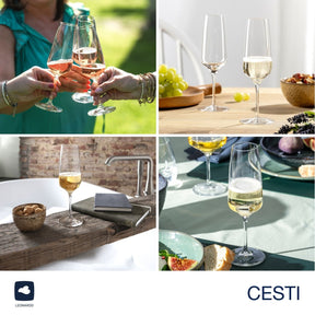 Sektglas CESTI in verschiedenen Situationen: Toasts im Freien, auf Holztisch und gedecktem Tisch