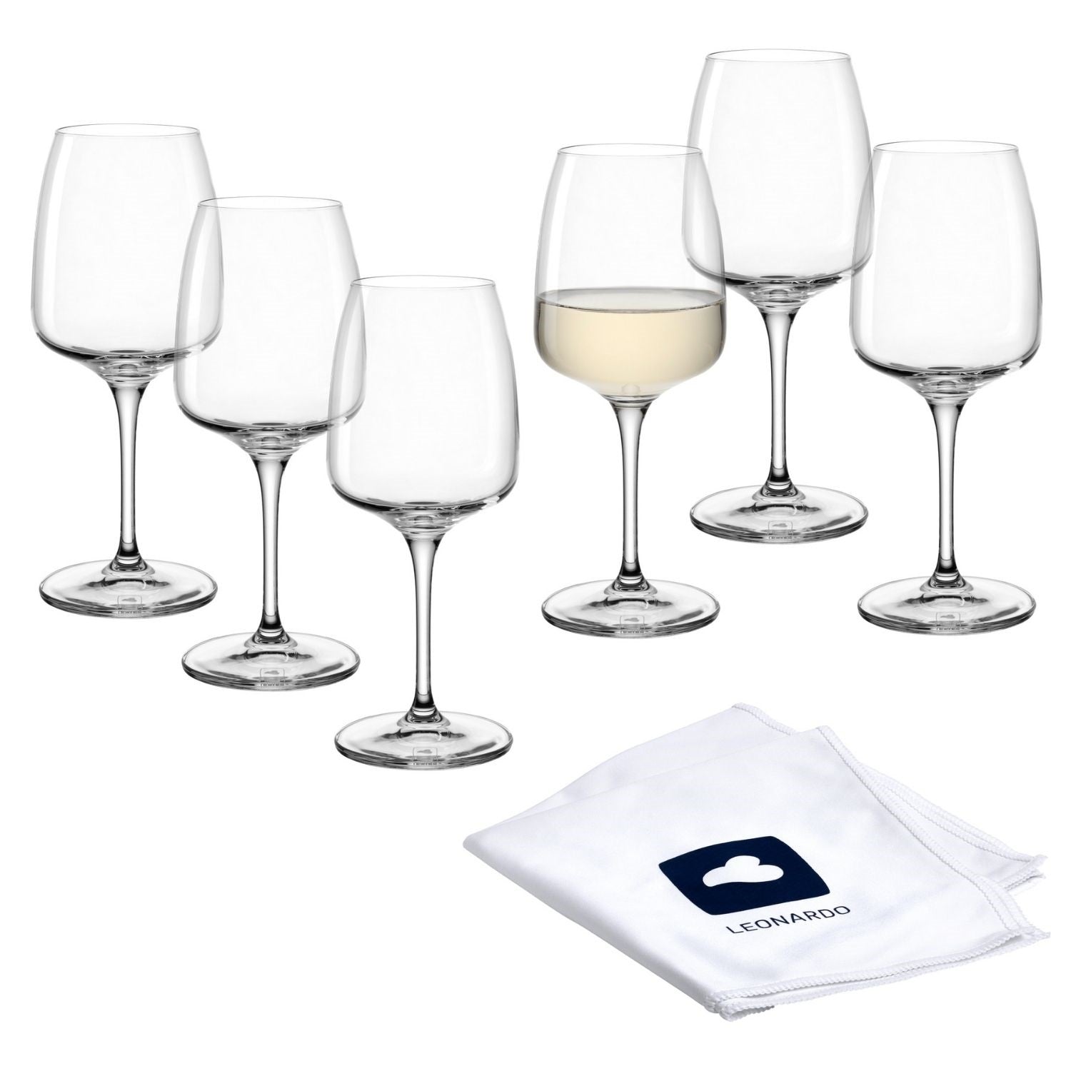 Rieslingglas CESTI 6er-Set mit Poliertuch, eines gefüllt mit Weißwein