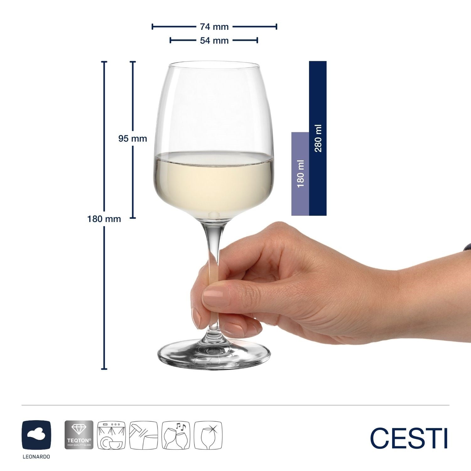 Rieslingglas CESTI mit Weißwein, Hand hält Glas, Massangaben