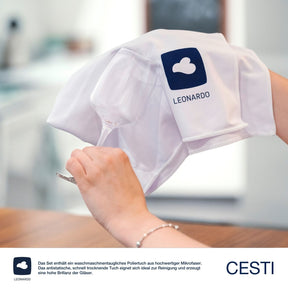 Hand hält Rieslingglas CESTI mit Poliertuch, Produktlogo sichtbar
