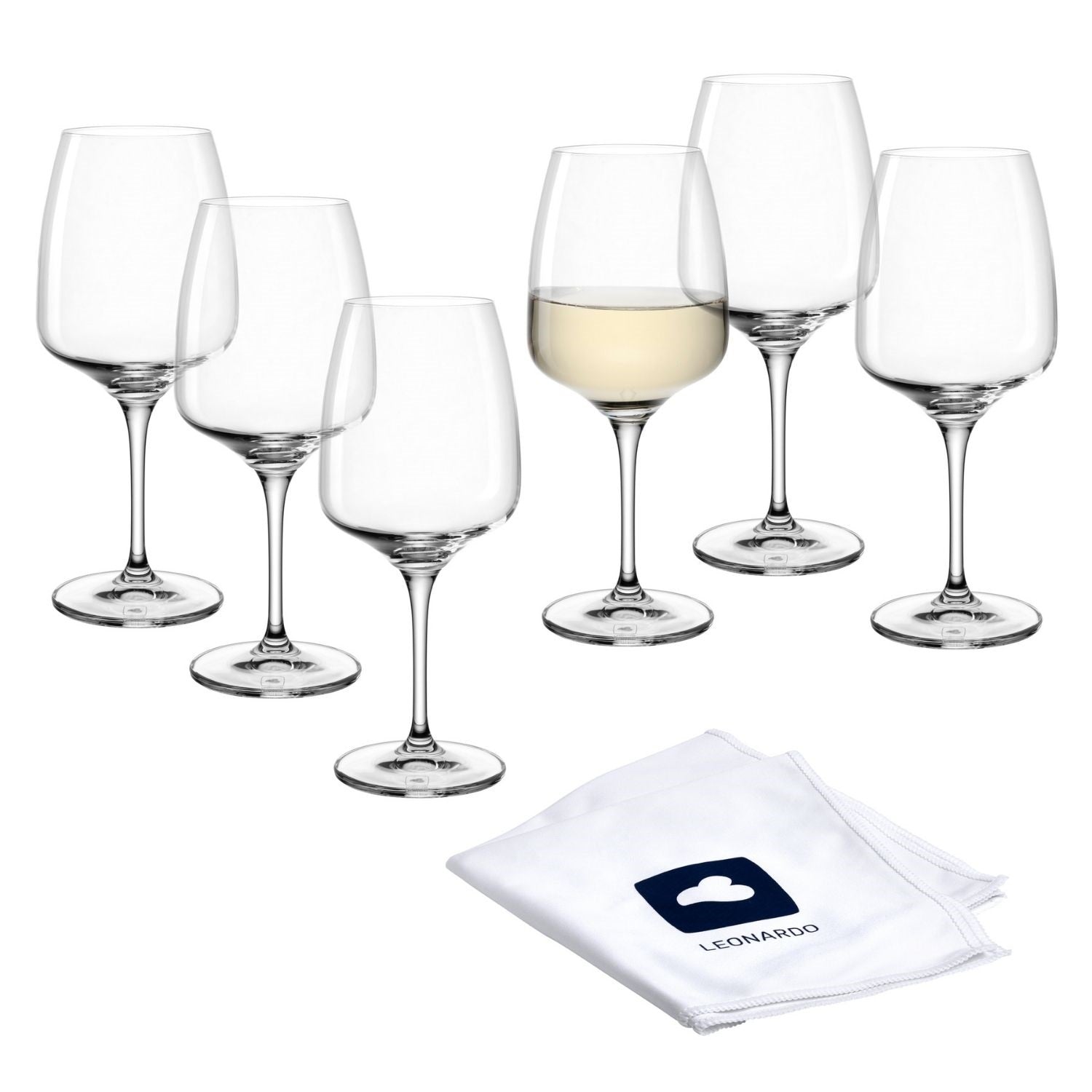 Weißweinglas CESTI 360 ml 6er-Set mit Poliertuch, eines gefüllt
