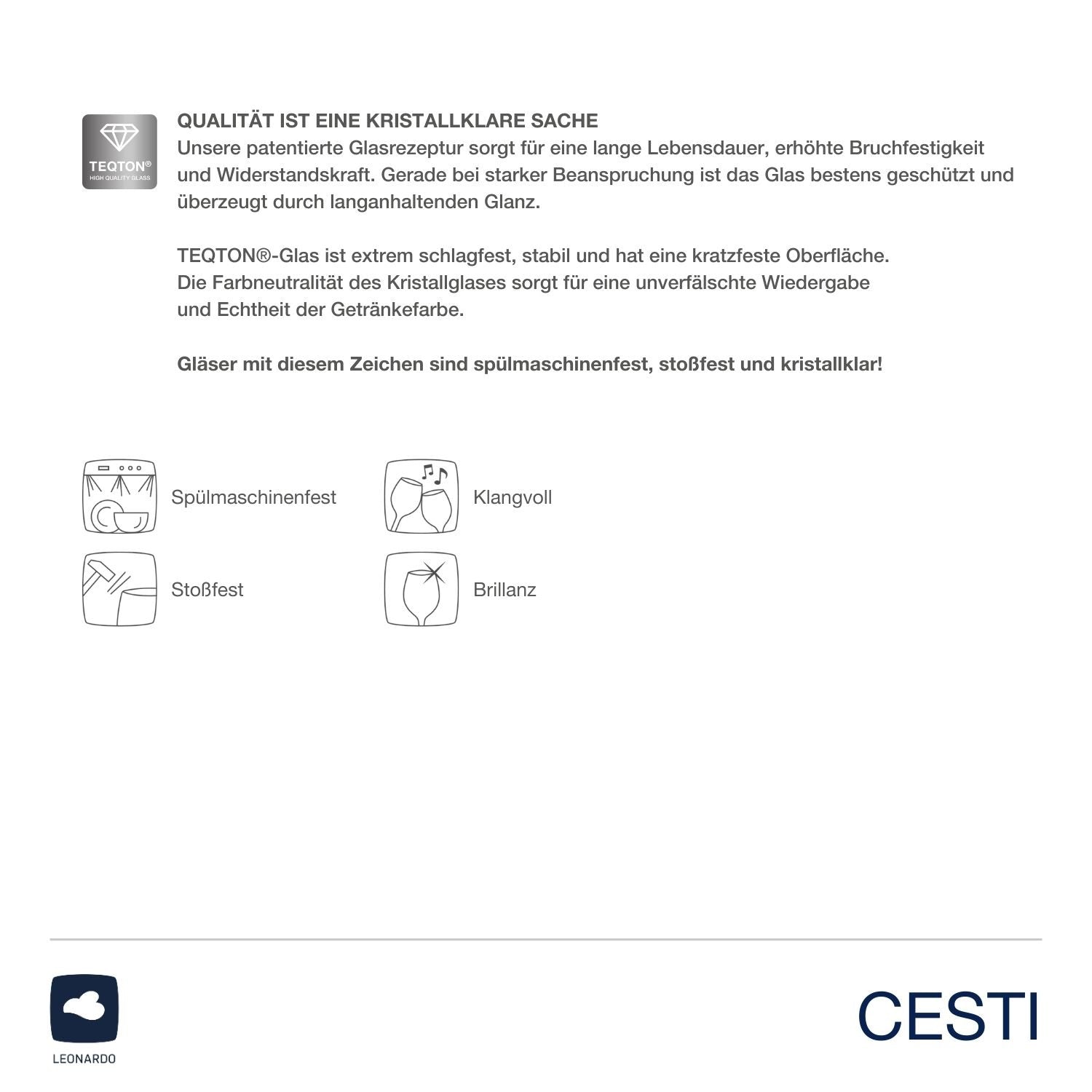 Produktinformationen und Qualitätsmerkmale Rotweinglas CESTI, Piktogramme Spülmaschinenfest Stoßfest Klangroll Brillanz