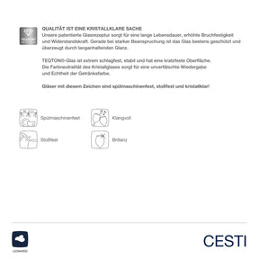 Produktinformationen und Qualitätsmerkmale Rotweinglas CESTI, Piktogramme Spülmaschinenfest Stoßfest Klangroll Brillanz