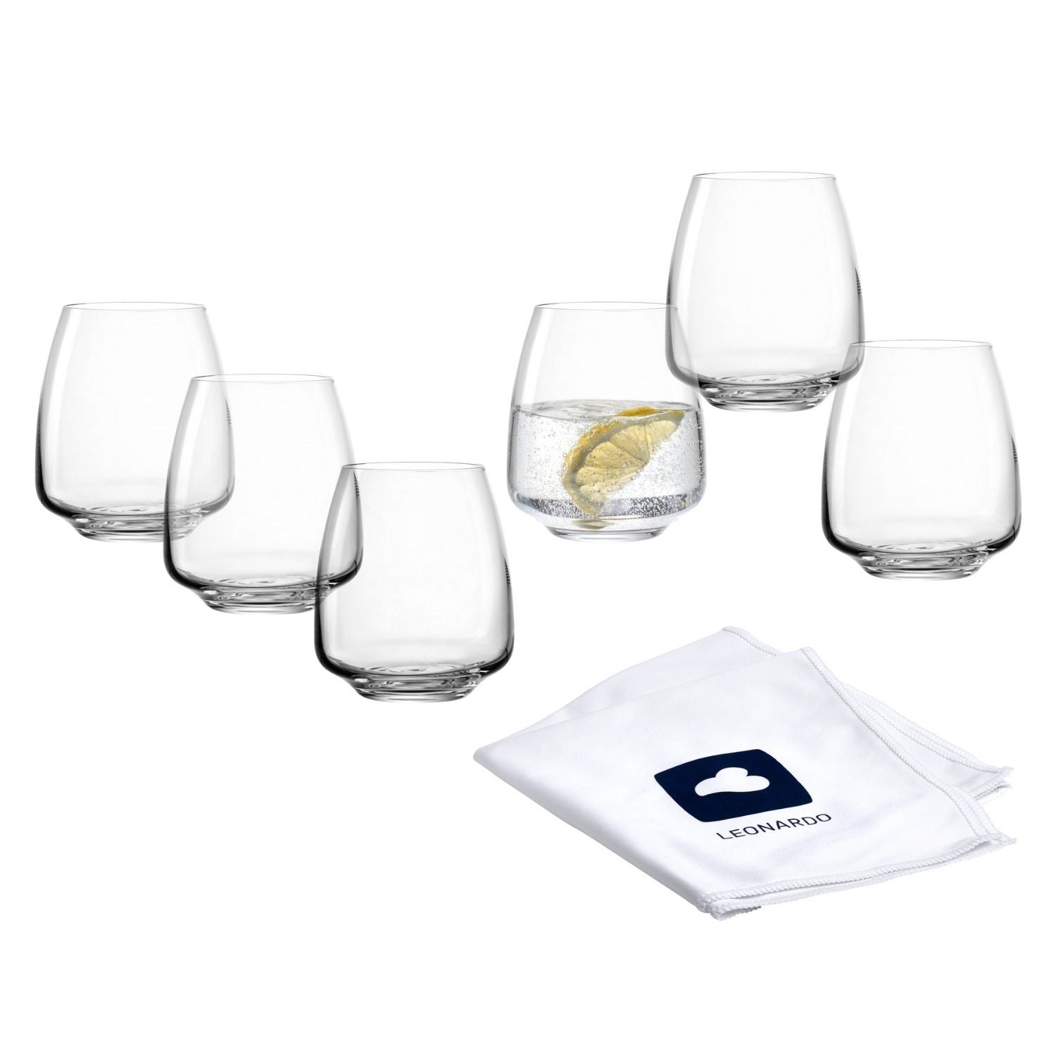 Trinkglas CESTI 6er-Set mit Poliertuch und Wasser mit Zitronenscheibe