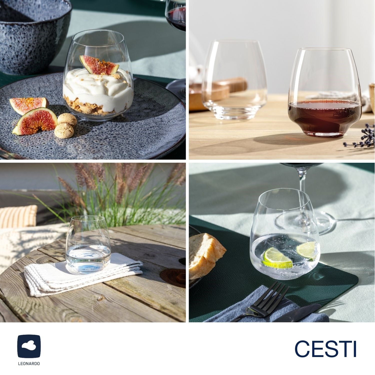 CESTI Trinkgläser in verschiedenen Anwendungssituationen und Tischdekorationen