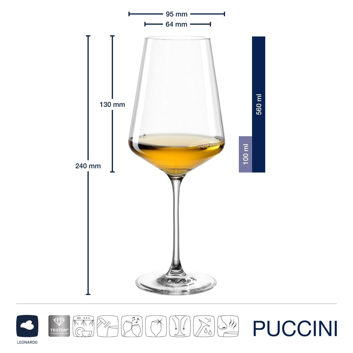 Weißweinglas PUCCINI mit Massangaben und Abmessungen