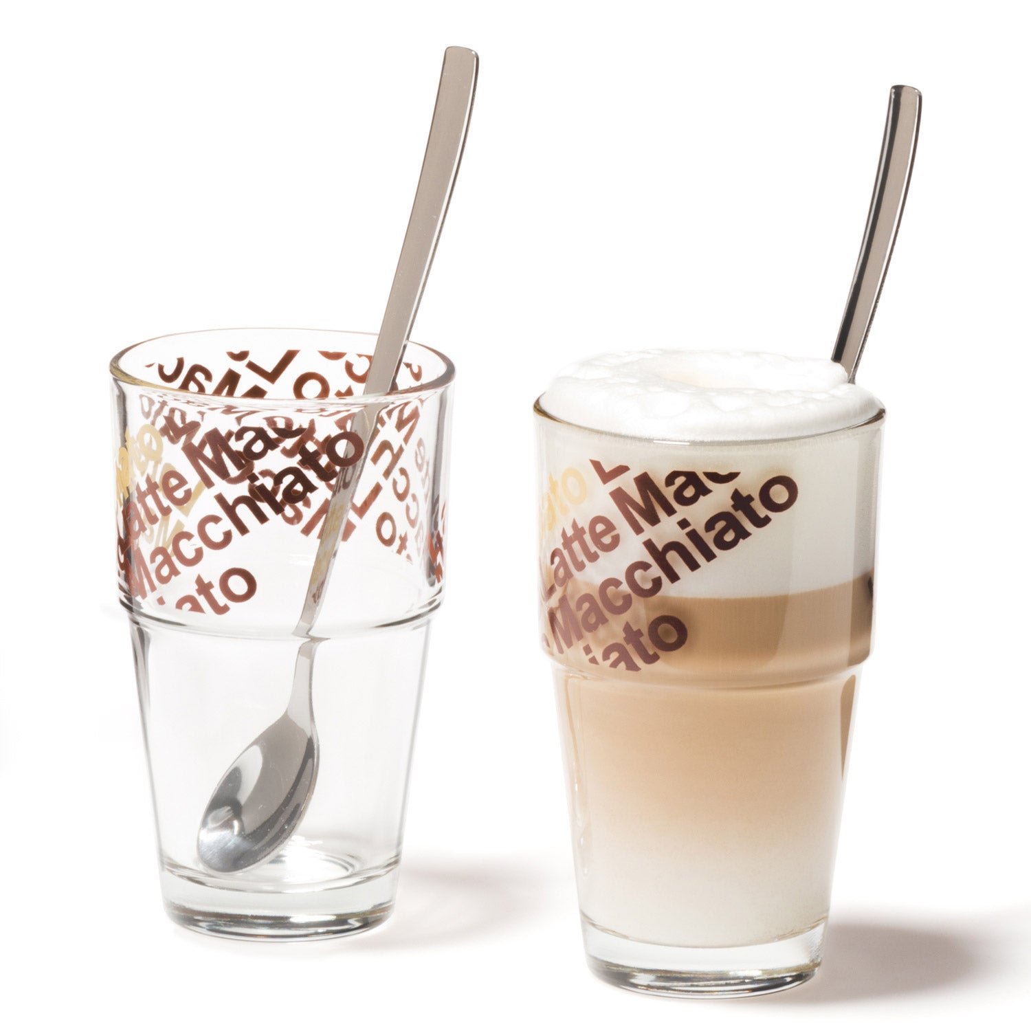 Café Latte Set SOLO mit zwei Gläsern, Löffeln und Schriftmuster