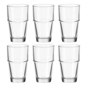 Sechs klare Glasbecher SOLO 410 ml im 6er-Set, gestapelt angeordnet