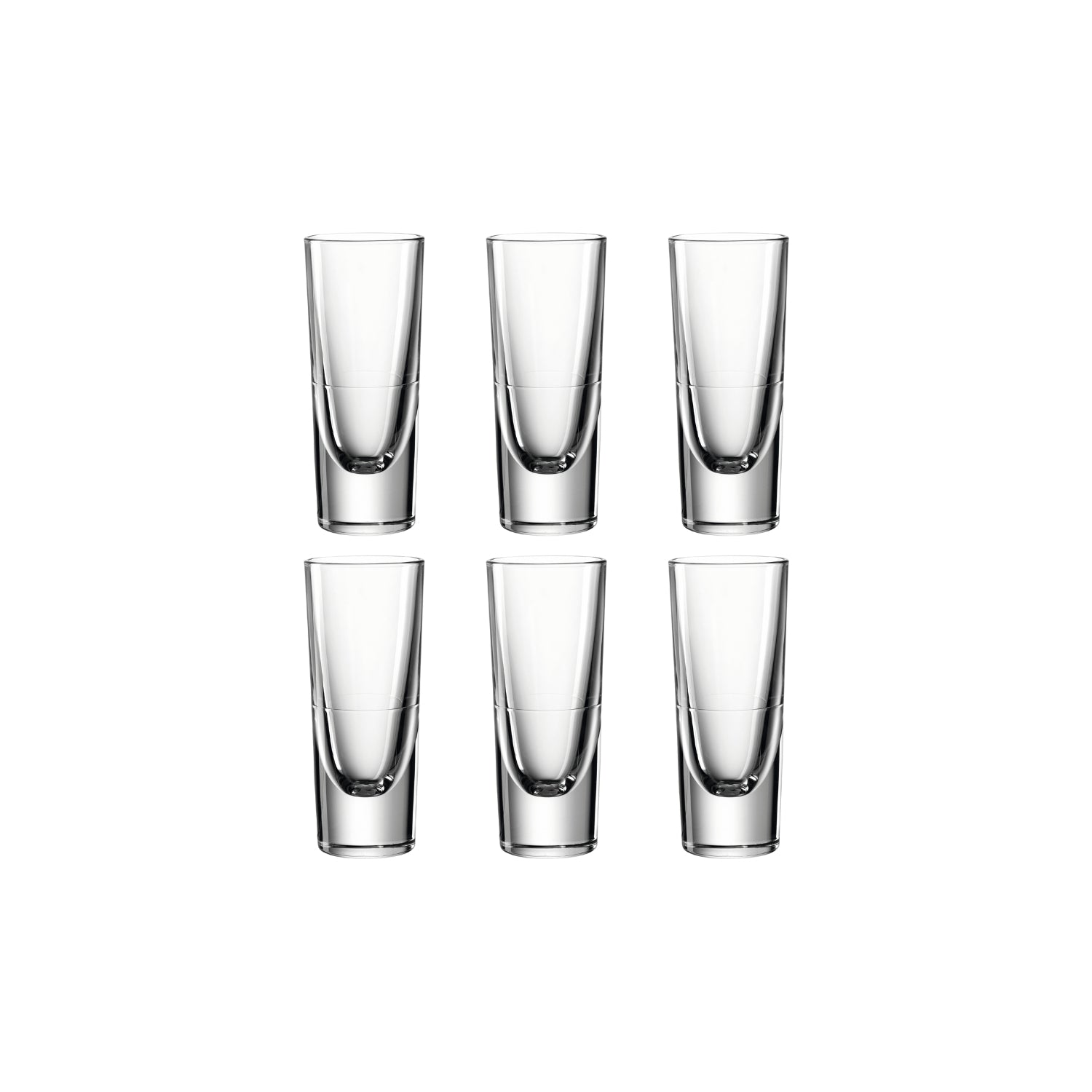 Sechs klare Grappa Becher GILLI in zwei Reihen angeordnet