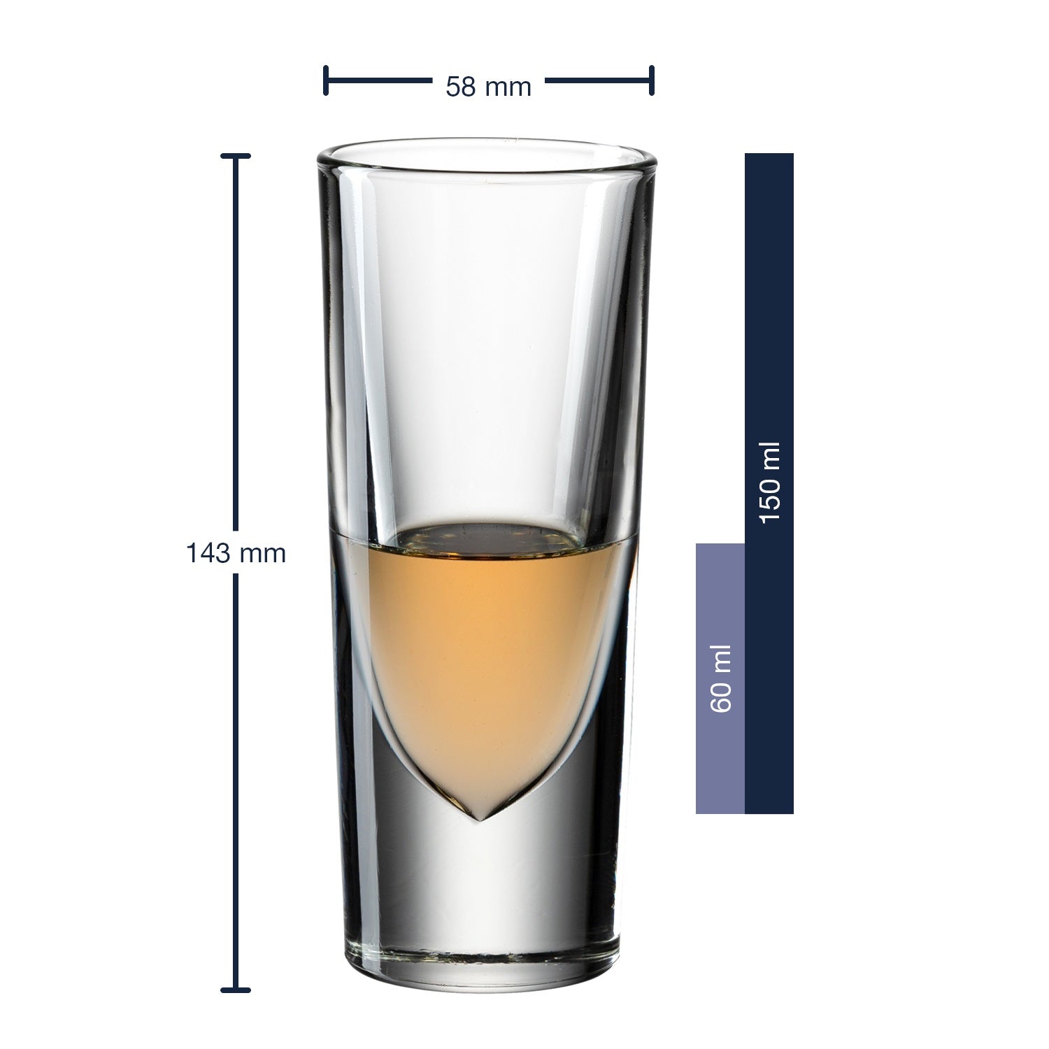 Massangaben zu Grappa Becher GILLI 150 ml mit Flüssigkeitsbeispiel