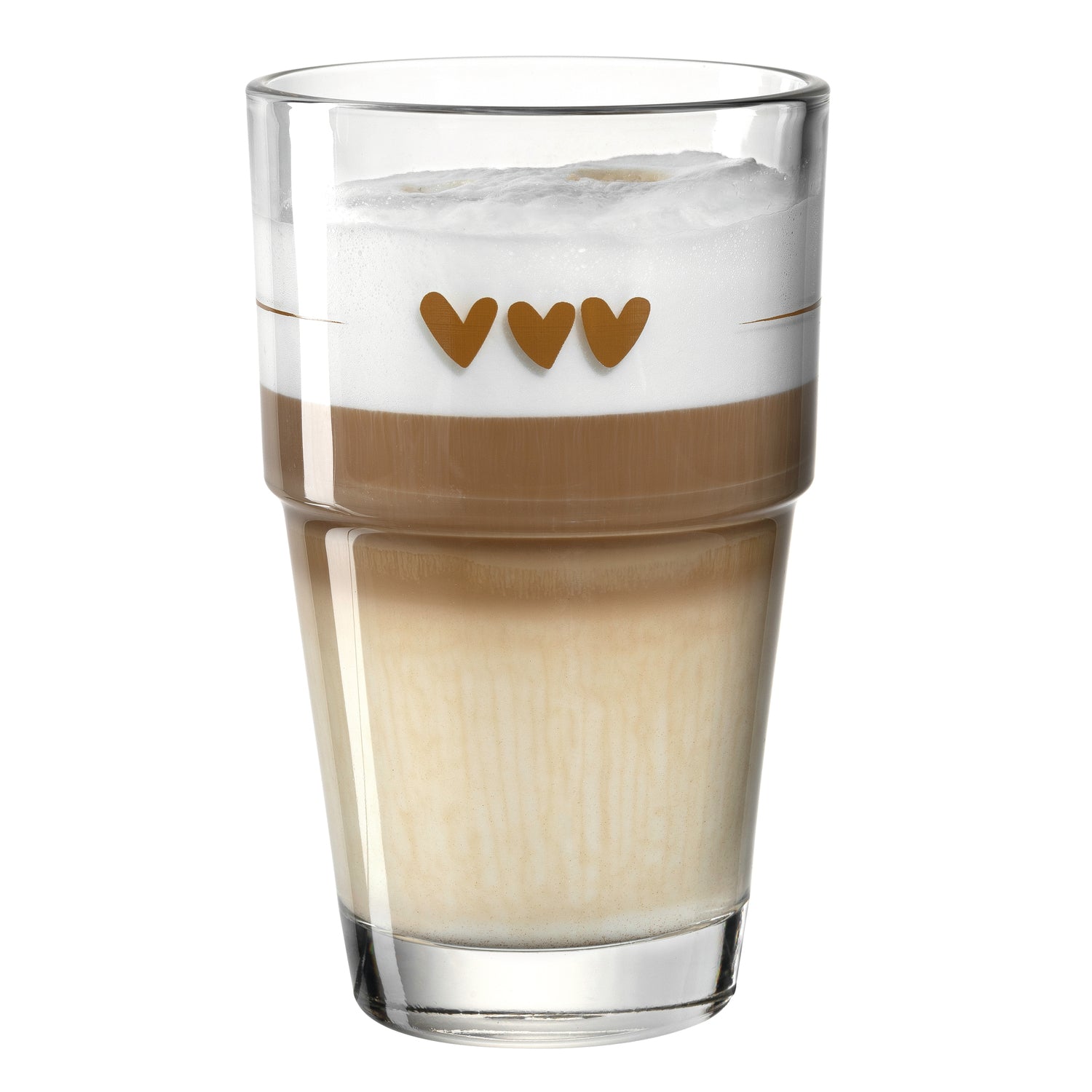 Becher SOLO mit Kaffee und Milchschaum, drei braune Herzen im Dekor