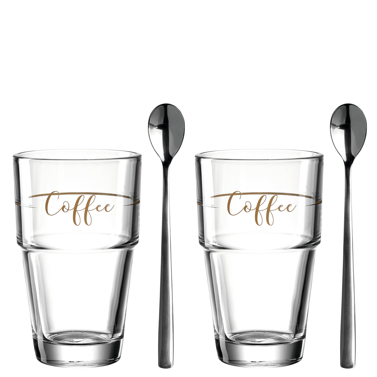 Becherset SOLO mit zwei Gläsern, braune Coffee-Beschriftung, zwei schwarze Löffel