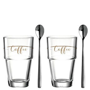 Becherset SOLO mit zwei Gläsern, braune Coffee-Beschriftung, zwei schwarze Löffel