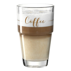 Becherset SOLO mit Schichtgetränk in braun und beige, Aufschrift "Coffee