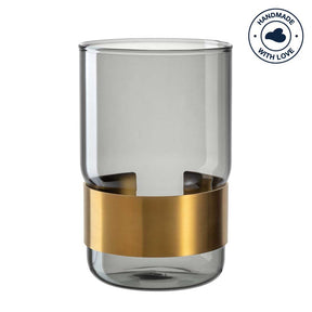 Vase SILENZIO mit goldenem Metallband, grauer Glaskörper, zylindrische Form