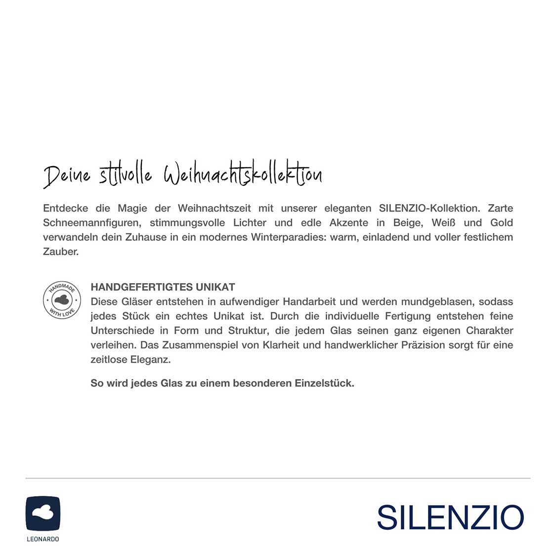 Produktinformationen und Logo der Marke SILENZIO auf weißem Hintergrund