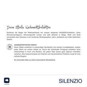 Produktinformationen und Logo der Marke SILENZIO auf weißem Hintergrund
