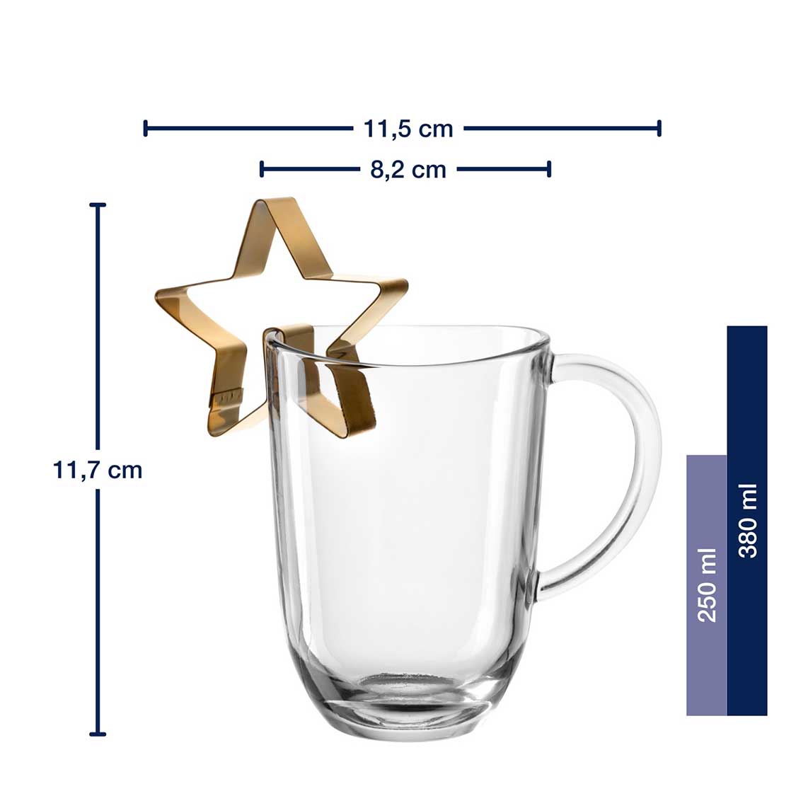Massangaben zu Tasse SILENZIO 380 ml mit Stern, Glastasse und Dekostern