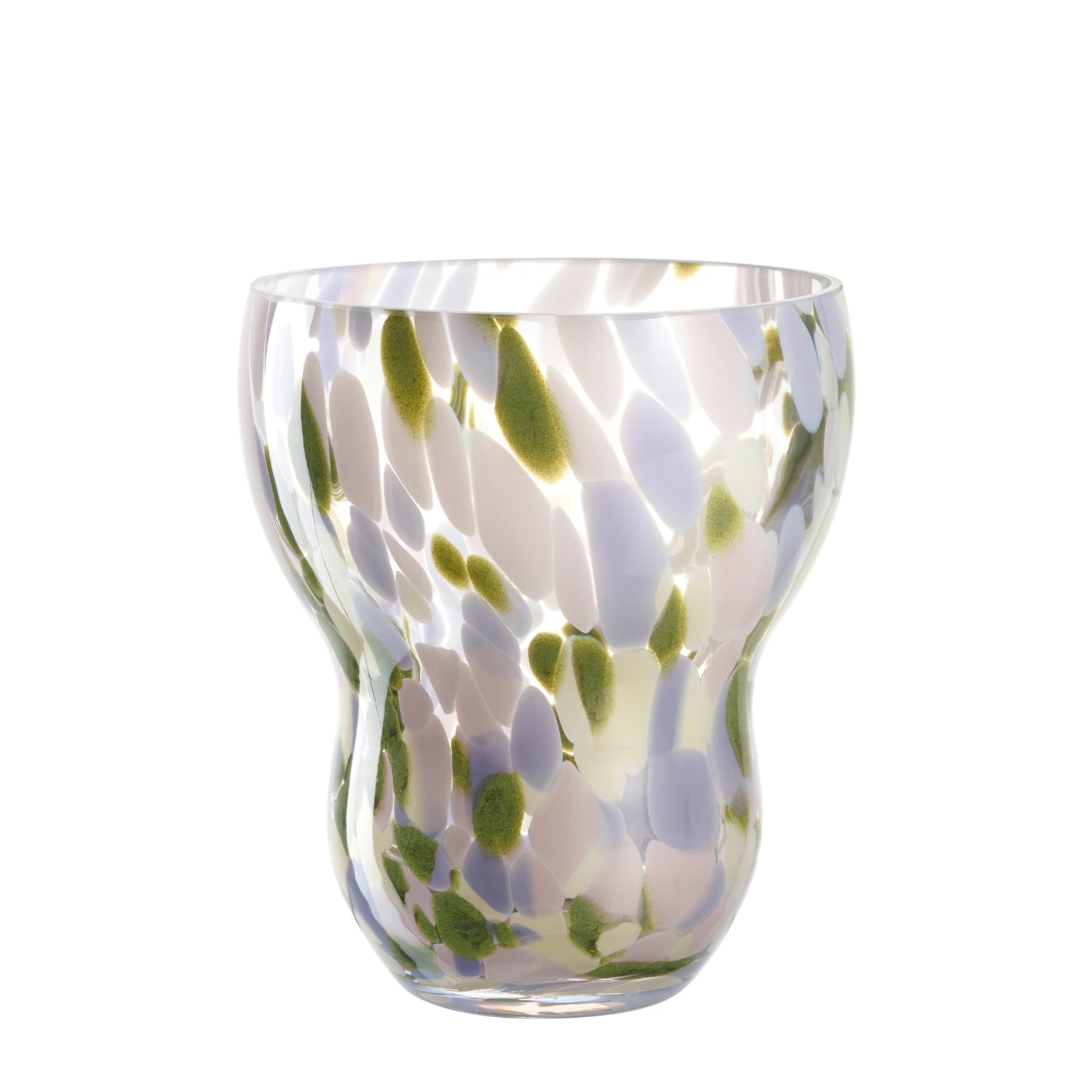 Vase VIVACE mit grünen und blauen Blattmotiven auf klarem Glas