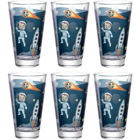 Sechs Trinkgläser mit Weltall-Motiven, Astronaut und Rakete