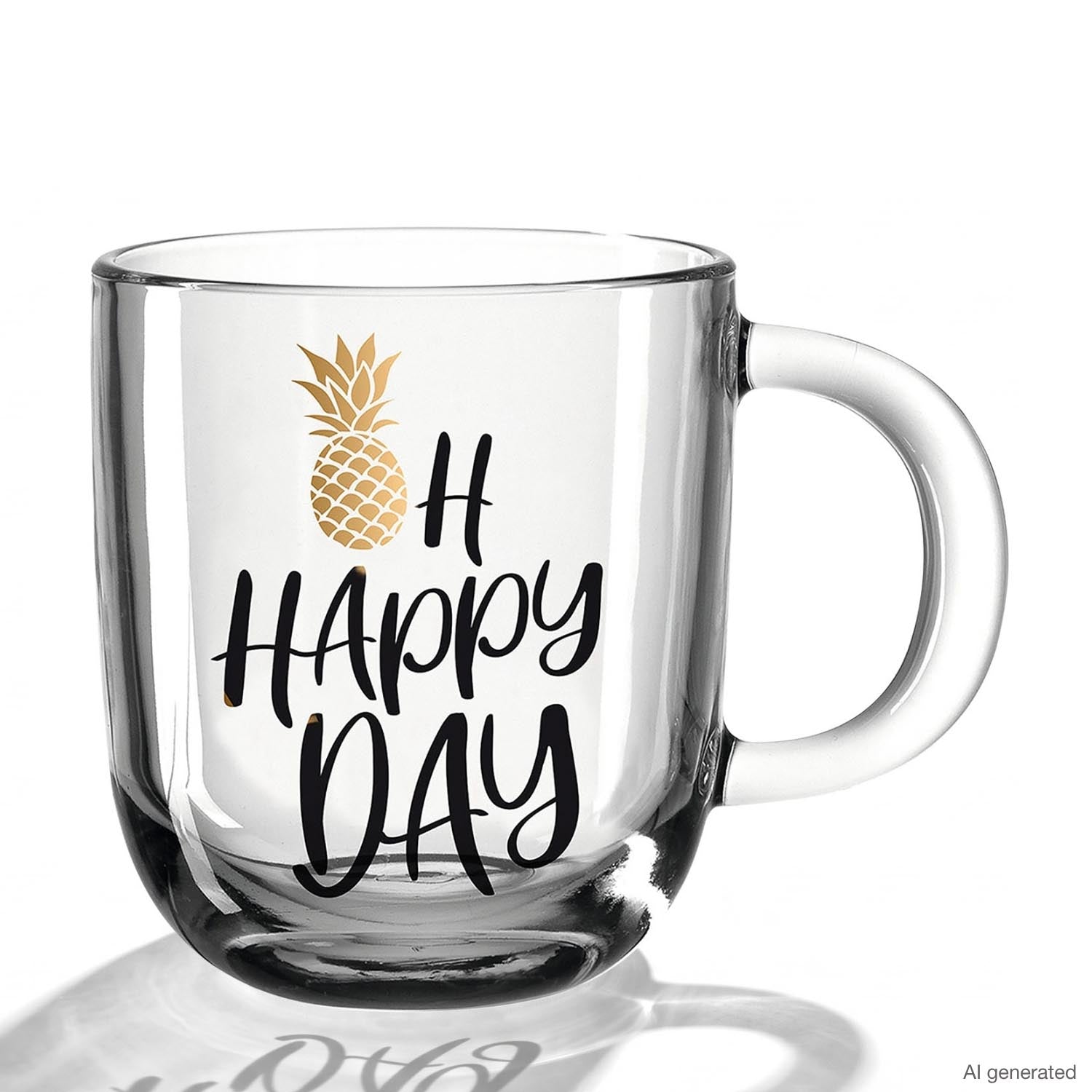 Glastasse EMOZIONE mit goldenem Ananas-Motiv und schwarzem Text OH HAPPY DAY