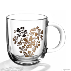 Glastasse mit goldenem Blumenmuster in Herzform angeordnet